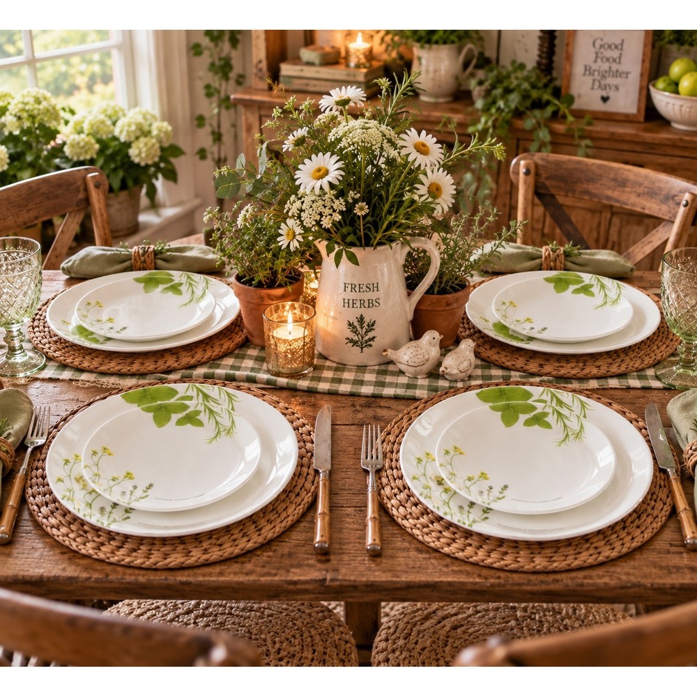 VTG Corelle European Herbs Plates Set 8 10.25" Dinner 6.75" Bread Botanical Disc
